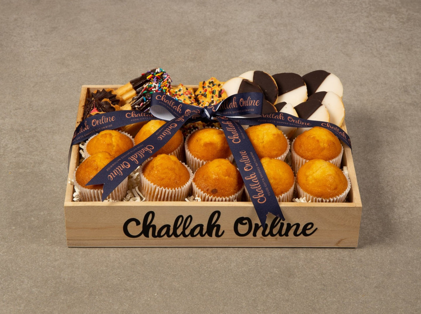 Challah Online Gift Box filled with muffins and other assorted bakery items. 