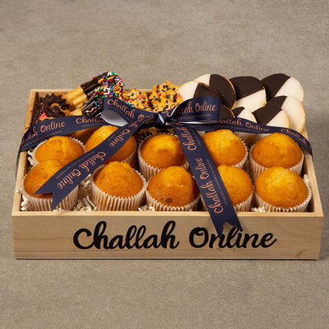 Challah Online Gift Box filled with muffins and other assorted bakery items. 